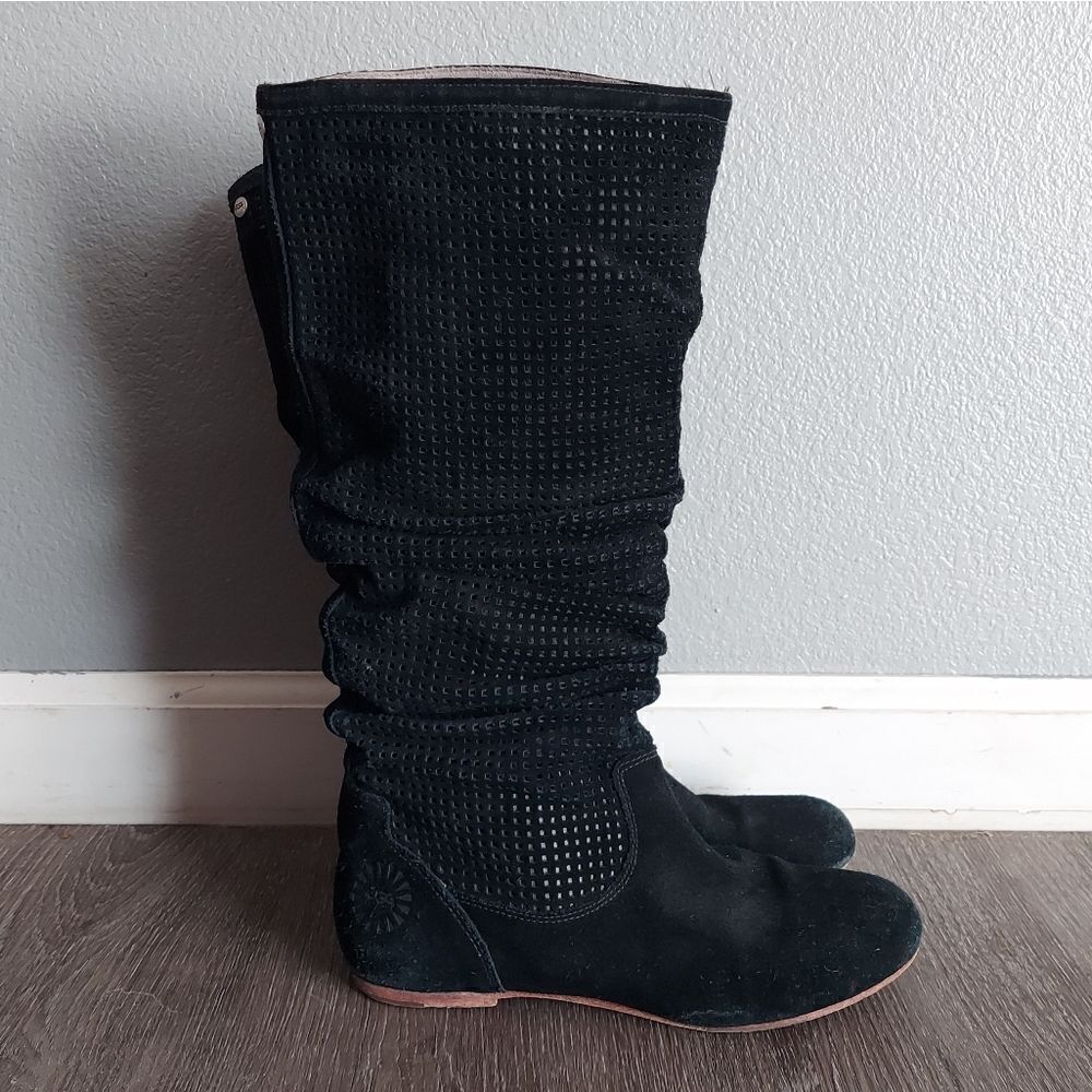 UGG Abilene Black Perforated Suede Leather Slouchy Tall Boot 7